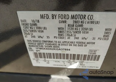 2019 Ford Explorer Xlt из США, поврежденный, VIN 1FM5K8D82KGA37894